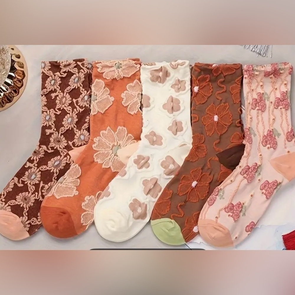 Floral Patterned Women's Socks Set - Orange, Cream, Brown